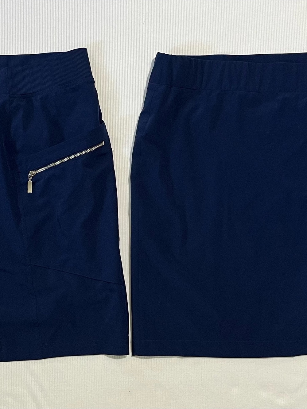 Lot of 2 Chico's Navy Skorts; One White Striped Lined One Solid.  Plus Size 4